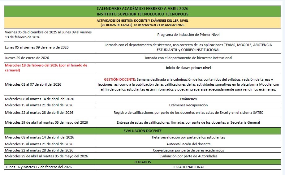 CALENDARIO 1ER NIVEL (18 DE FEBRERO AL 21 DE ABRIL 2026)